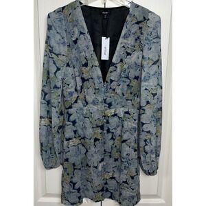Nasty Gal floral Chiffon Button Mini Dress Womens Size US 4 Long Sleeve Blue G11